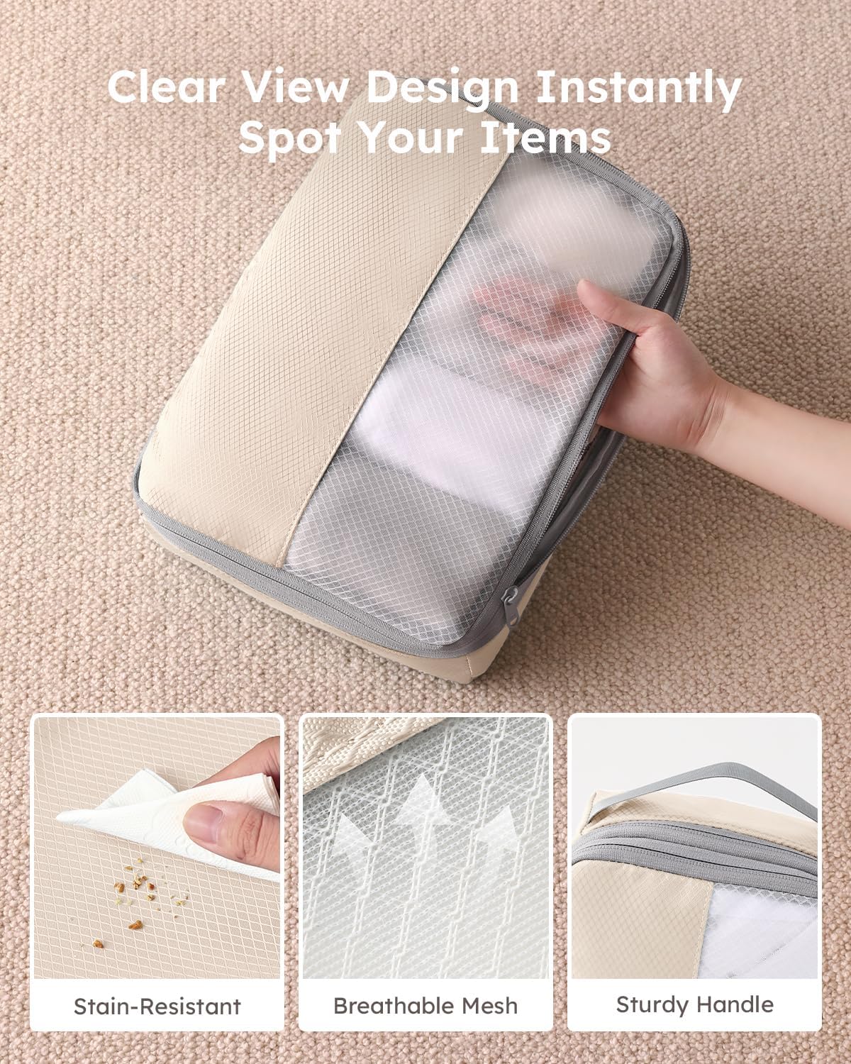 4 Set Compression Packing Cubes for Travel, Bonus Versatile Drawstring Backpack, Lightweight Luggage Organizer Bags, Sturdy Travel Accessories for Suitcase, Beige