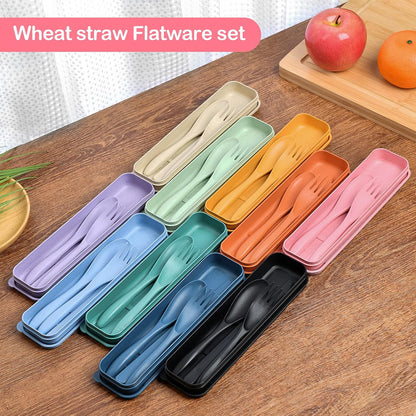 Reusable Travel Utensils Set with Case, 3 Sets Wheat Straw Portable Knife Fork Spoons Cutlery, Eco-Friendly BPA Free Plastic Tableware for Kids Adults Travel Picnic Camping Utensils