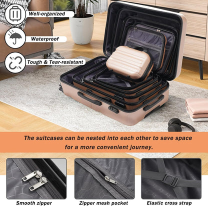 Merax Luggage Set 6 Piece, Hardshell ABS Suitcases with 8 Silent Spinner Wheels, Durable and Lightweight Travel Luggage for Family Trips, Champagne