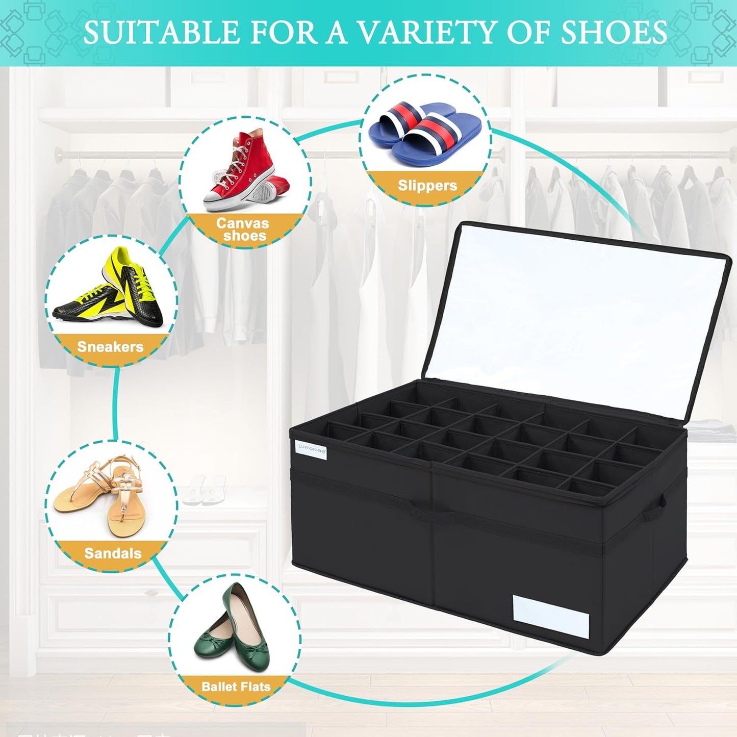 Luvhomee Shoe Storage Organizer, Fits 24 Pairs, Large Shoe Organizer Box for Closet, Clear Foldable Shoes Containers w/Bottom Support, Space Saving Shoe Cubby Storage Boxes w/Reinforced Handles, Black