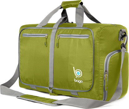 Bago Foldable Duffel Bags for Traveling Women & Men - 40L Sports Packable Duffle Bag for Travel with Shoe Compartment - Water Repellant, Heavy Duty, Lightweight Folding & Collapsible (Green)