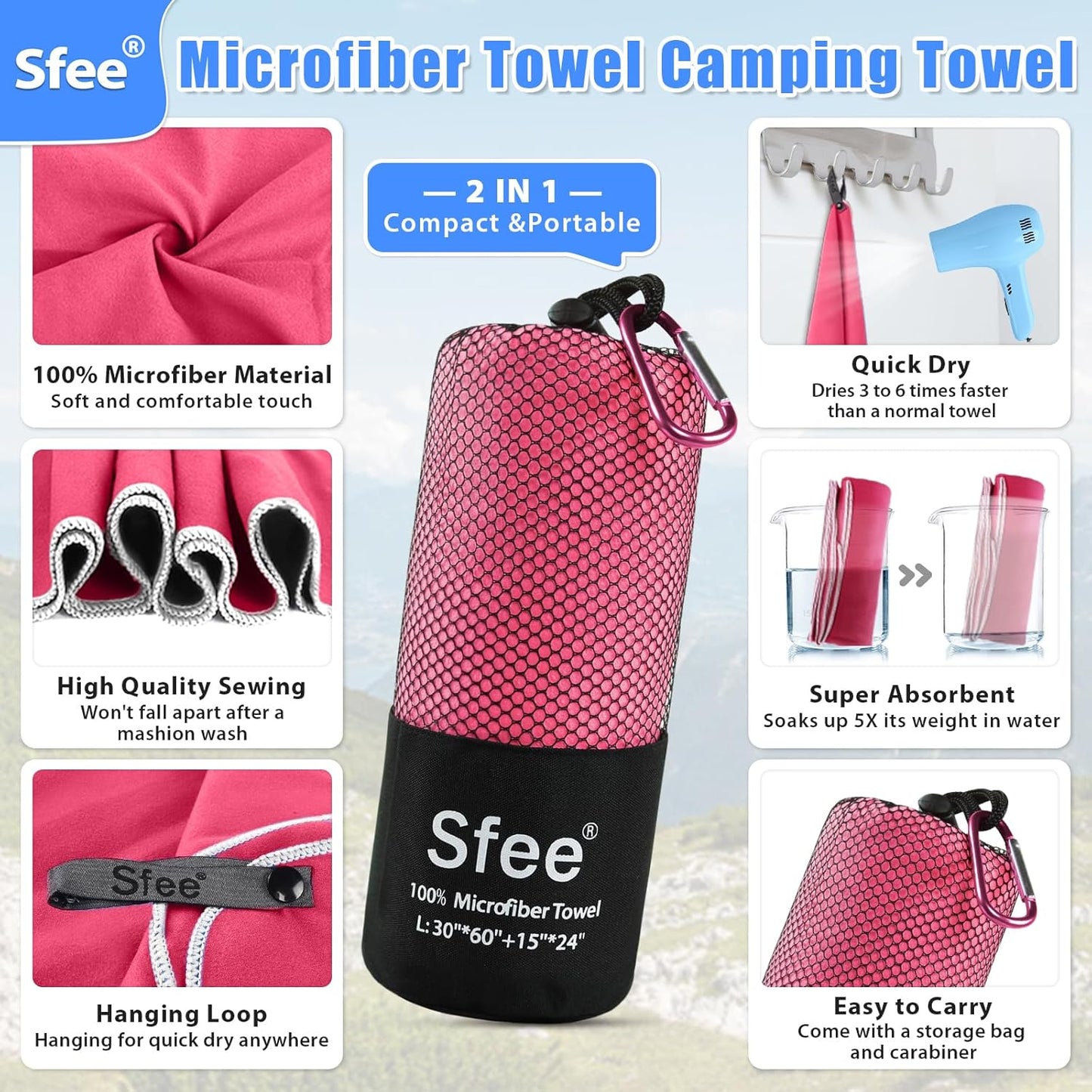 Sfee 2 Pack Microfiber Travel Towel, Quick Dry Towel Camping Beach Towel Super Absorbent Compact Lightweight Sports Gym Towels Set for Beach, Gym, Hiking, Pool, Backpacking, Bath, Yoga