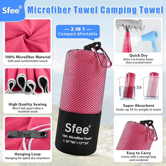 Sfee 2 Pack Microfiber Travel Towel, Quick Dry Towel Camping Beach Towel Super Absorbent Compact Lightweight Sports Gym Towels Set for Beach, Gym, Hiking, Pool, Backpacking, Bath, Yoga