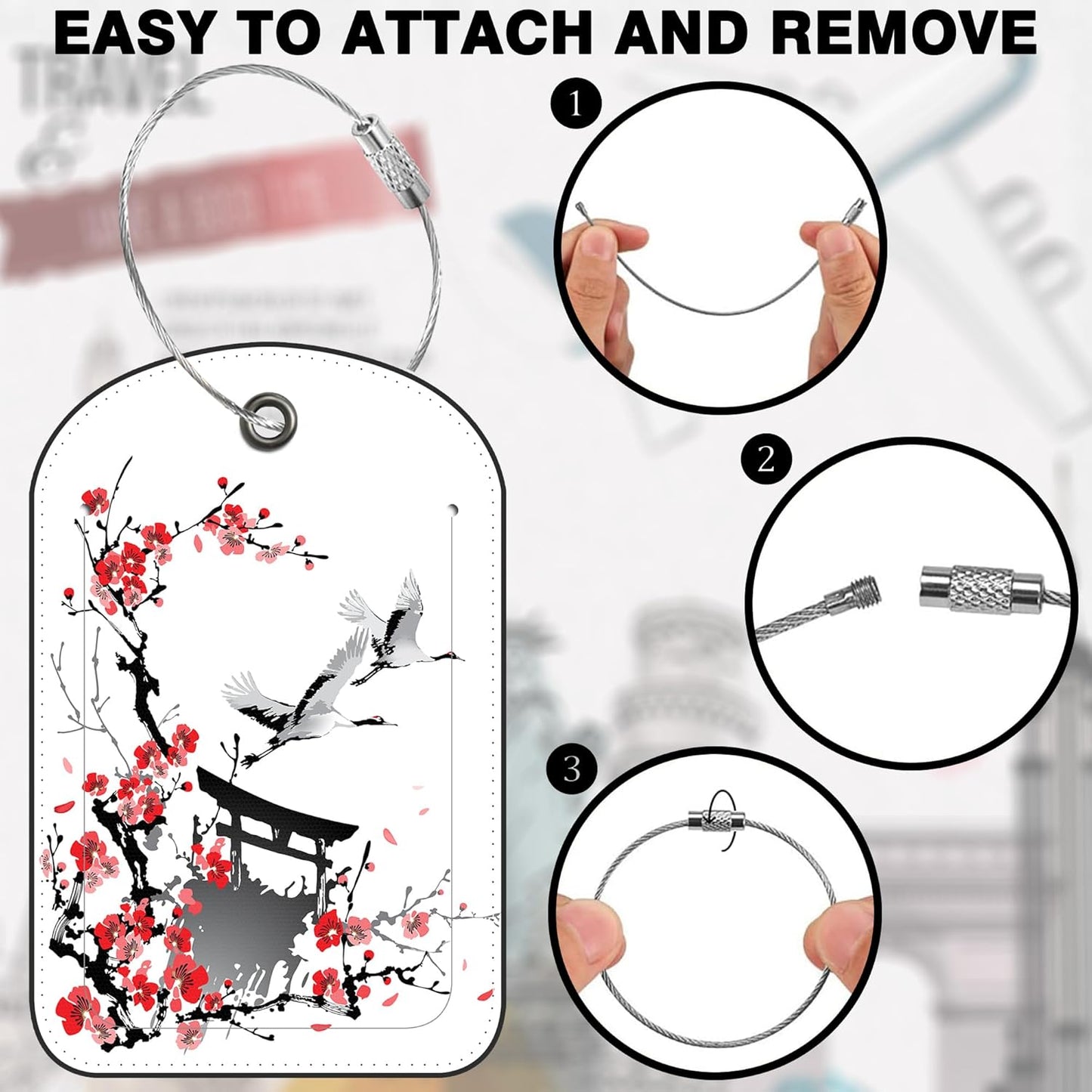 Japanese Cherry Blossoms Storks Leather Luggage Tag for Suitcase 2 Pack Luggage Tag with Privacy Name ID Label and Stainless Steel Loop for Travel Bag Suitcase