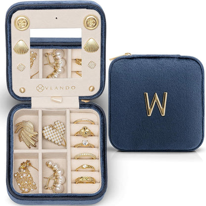 Vlando W Initial Jewelry Box, Women Travel Gifts - Dark Blue