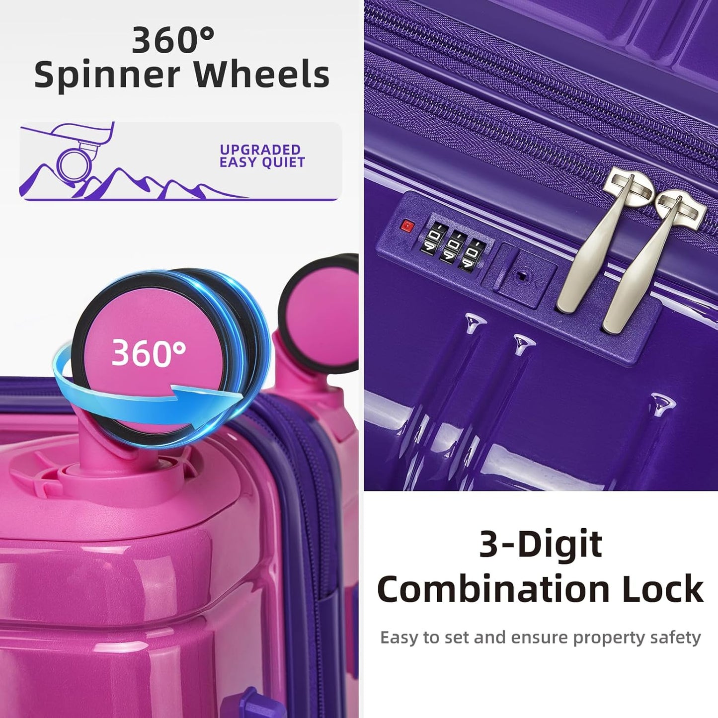 LARVENDER Luggage Sets 5 Piece Hardside Expandable Suitcase with Wheels Lock,PC+ABS Hardside Lightweight Rolling Suitcase for Women and Men,Midnight Berry