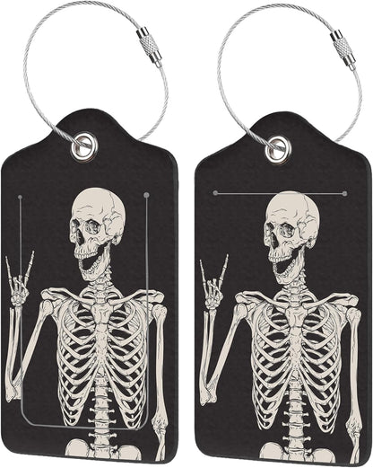 2 Pack Luggage Tag for Suitcase,Human Skeleton PU Leather Suitcase Tags Identifiers with Privacy Name Address Labels and Durable Steel Loop for Women Men Travel