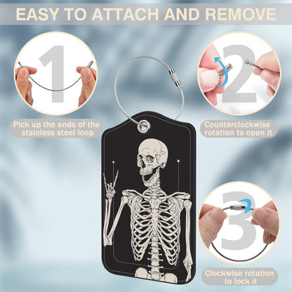 2 Pcs Rock and Roll Skull Luggage Tags for Suitcases PU Leather Baggage Tags Name ID Label with Privacy Cover and Stainless Steel Loop for Men Women Travel Bag Suitcase