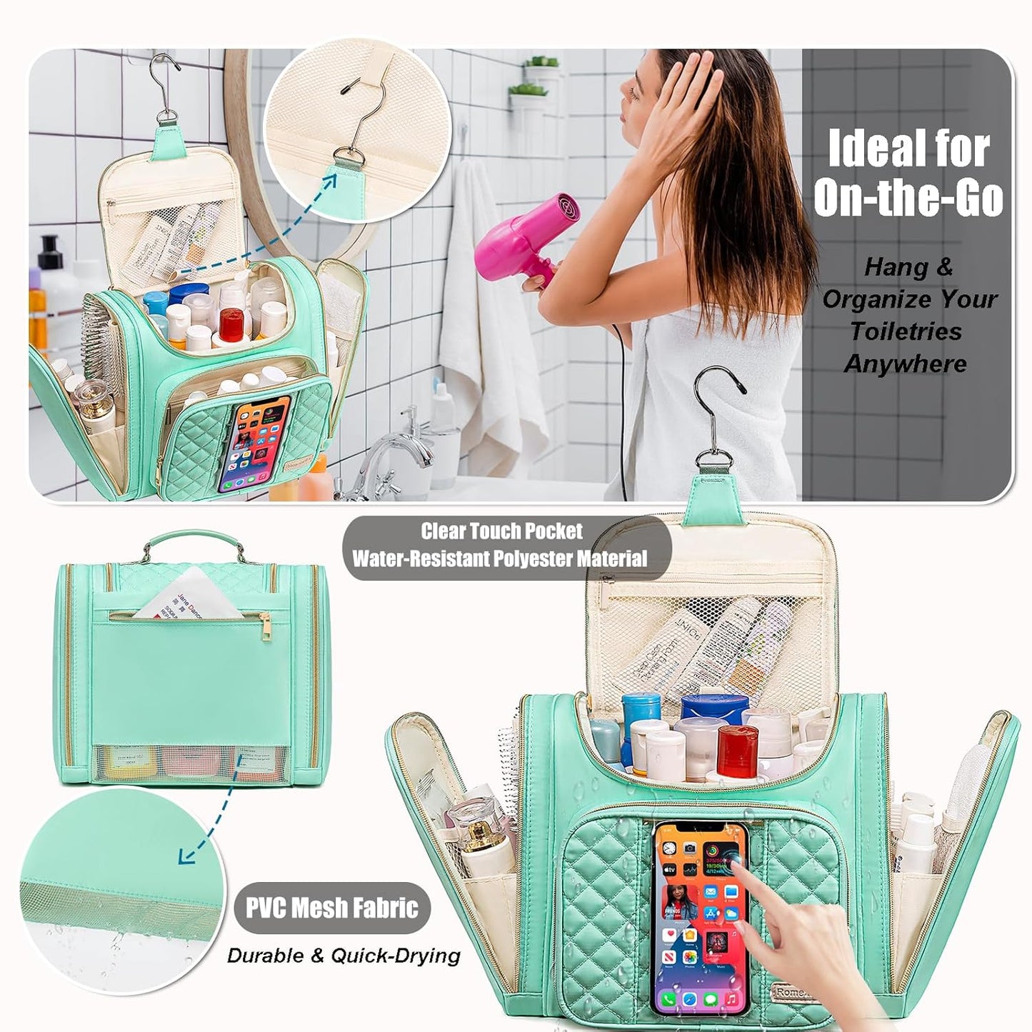 Travel Toiletry Bag for Women, Hanging Toiletry Bag, Bathroom Bag Portable Shower Caddy for College Dorm Travel Shower Bag for Women Water-Resistant Cosmetic Makeup Bag (Green)