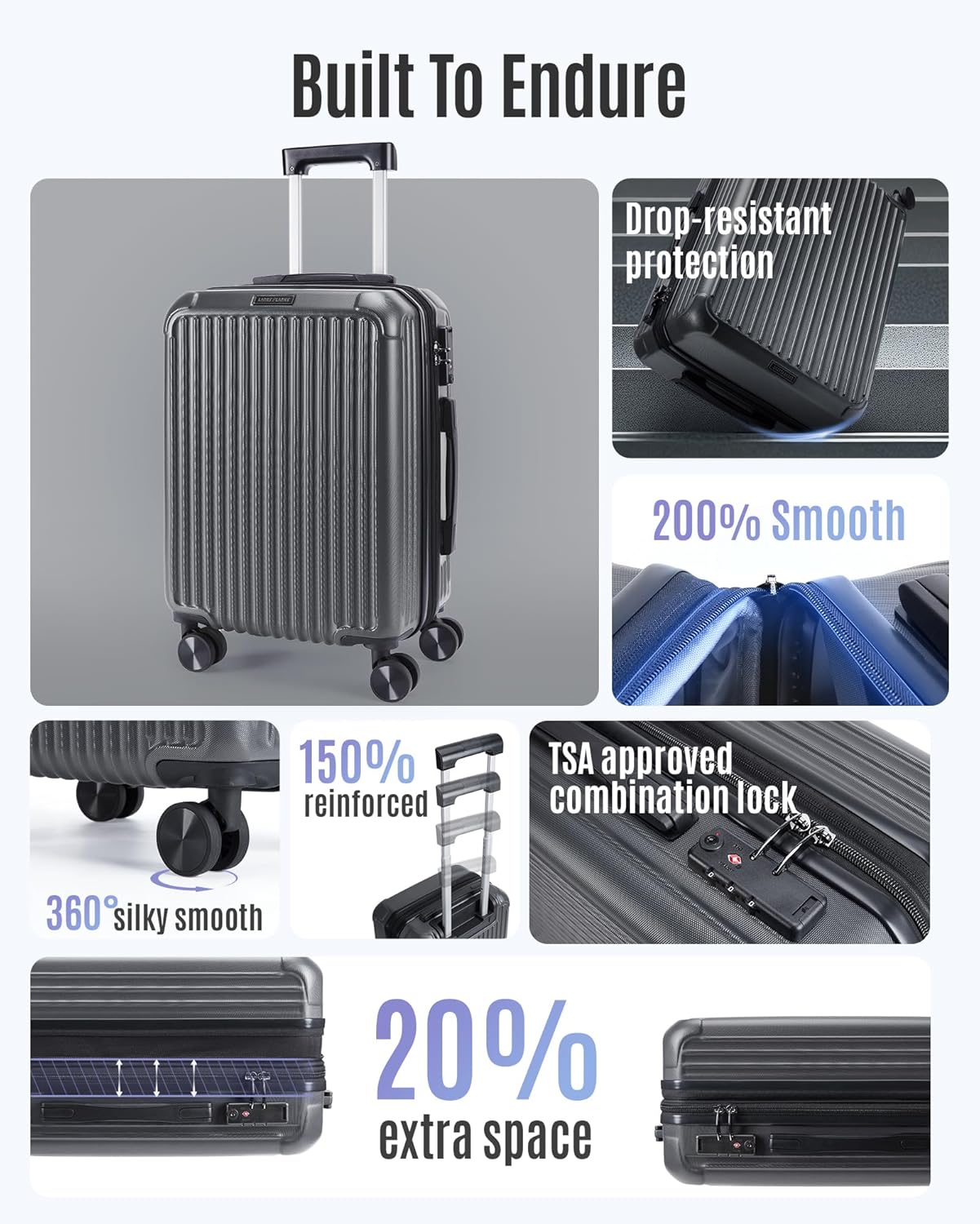 LIGHT FLIGHT Carry On Luggage 22x14x9 Airline Approved, Durable Hard Shell Carry On Suitcases with Wheels, Expandable Hardside Lightweight Travel Luggage with TSA Lock 20 Inch Carry on, Glacier Gray