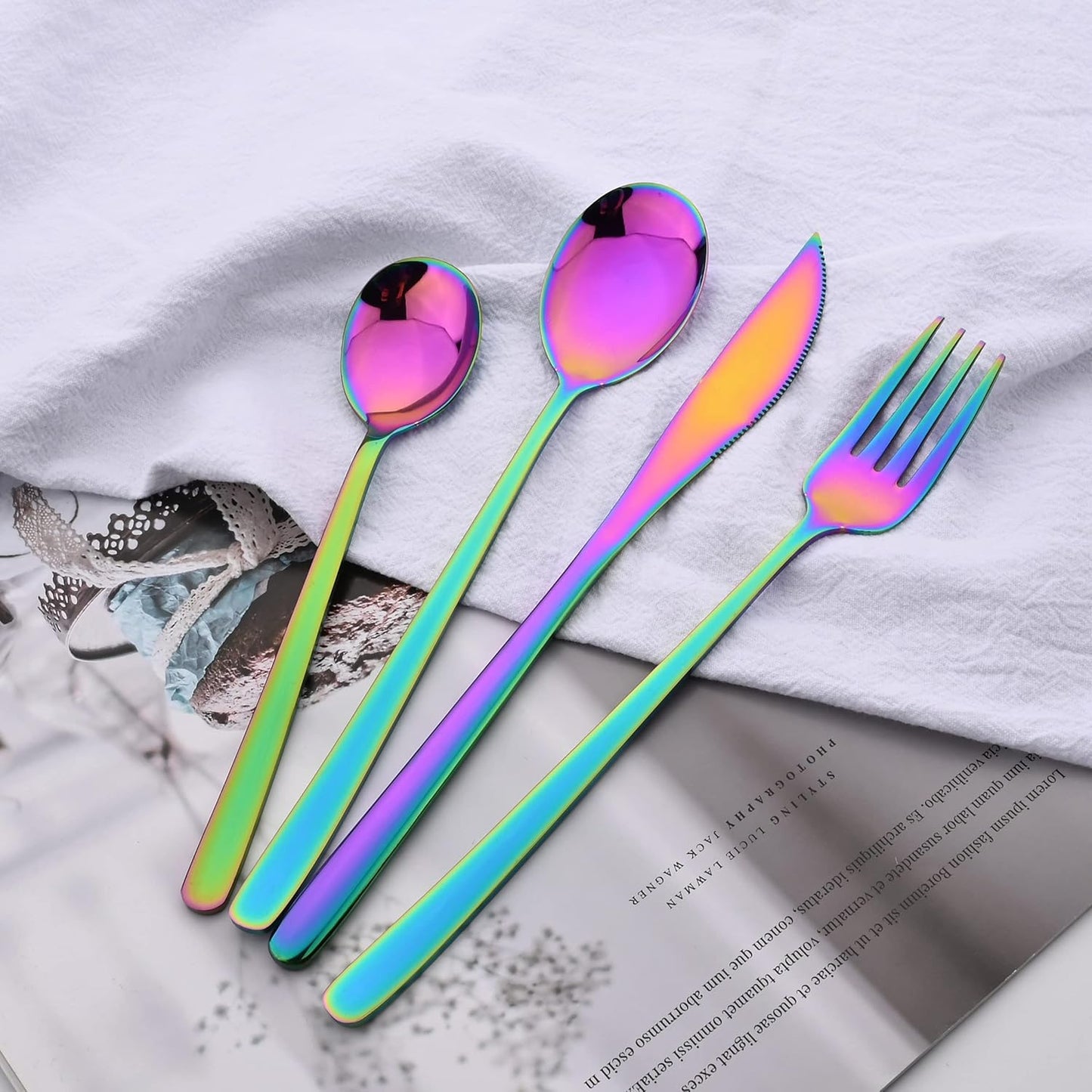 20 Pieces Silverware Set 304 Stainless Steel, Healthy & Eco-Friendly Silver Travel Mirror Polished Rainbow Knife Fork Spoon Salad Fork Dessert Spoon Flatware Set, Service for 4