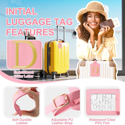 Personalized Initial Luggage Tags for Suitcase, Pink Leather Cute Luggage Tags with Privacy Cover Name Card, Embroidered Custom Monogrammed Luggage Tag Travel Bag Baggage Tags Gifts for Women Kids(D)