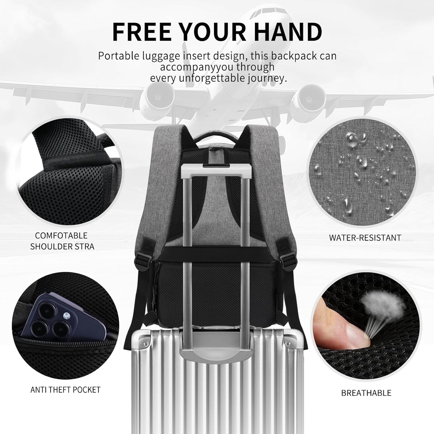 Grey Backpack for Men Women, Backpack for School, School Backpacks for Boys Girls Teens, 15.6 inch Laptop Back Pack with USB Charging Port, Large College Book Bag, Business Work Travel Bookbag