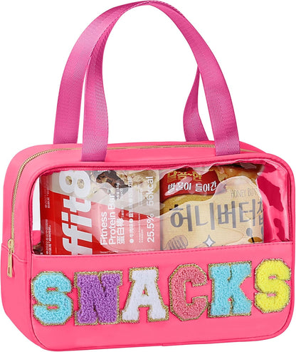 Snack Bag for Travel - Chenille Letter Clear Makeup Bag, Large Preppy Patch Snack Cosmetic Bag with Handle and Zipper, Cute Makeup Pouch Nylon&PVC Waterproof Toiletry Organizer Storage for Women Girls