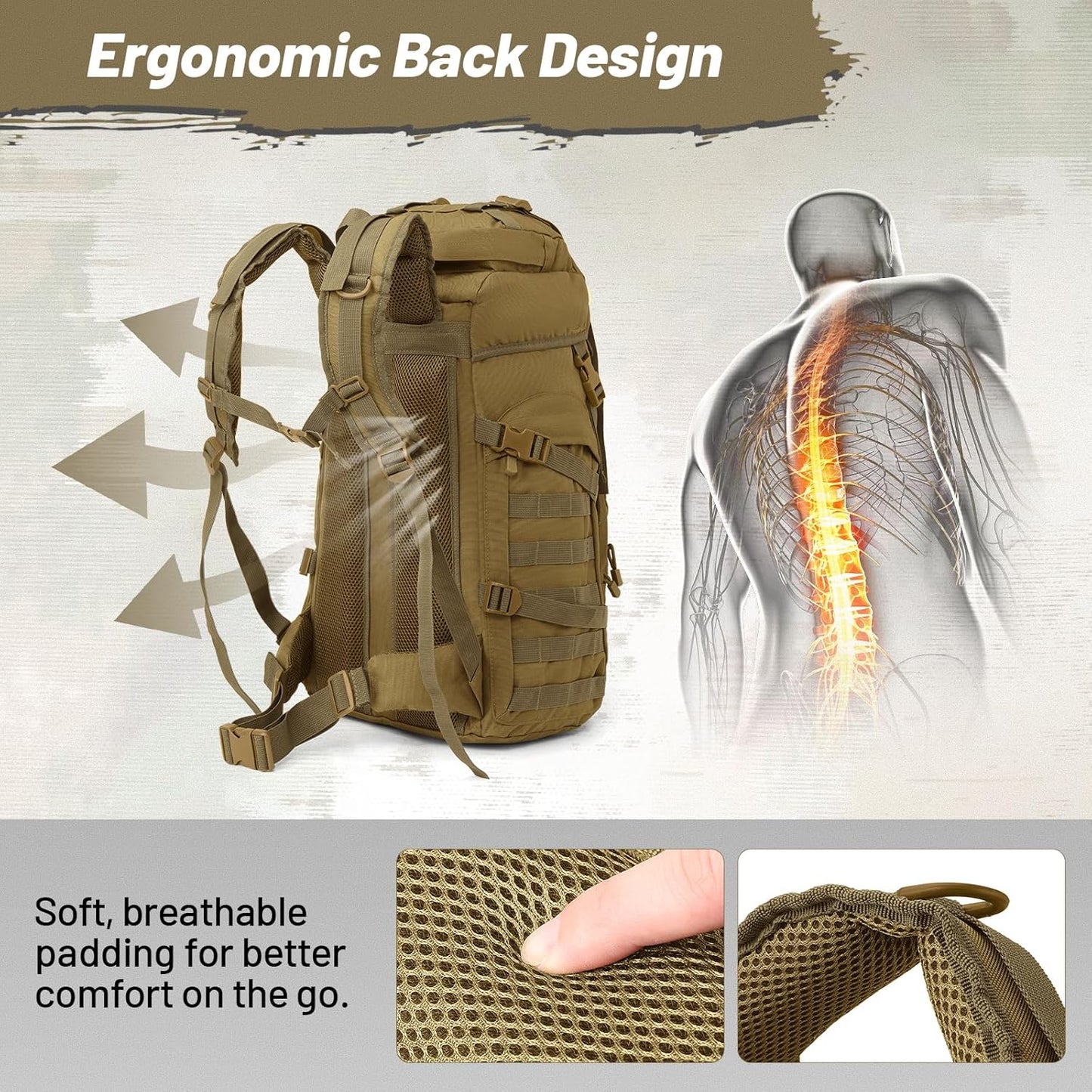 50L Tactical Backpack for Men and Women, Water-Resistant Molle Rucksack, Large Military Assault Pack for Hiking, Hunting, Camping, Gym & Outdoor Survival Khaki