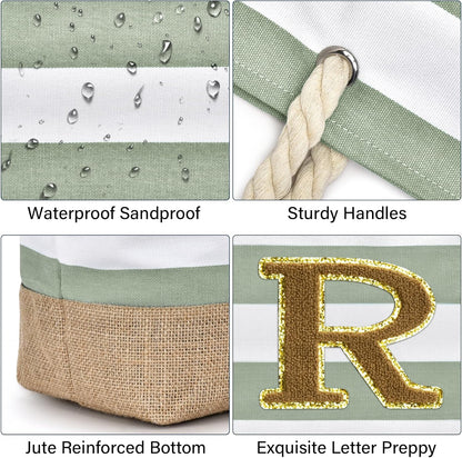 Becokan Beach Bag Initial Beach Tote with Makeup Bag for Travel Work Storage Personalized Birthday Gifts for Women Her