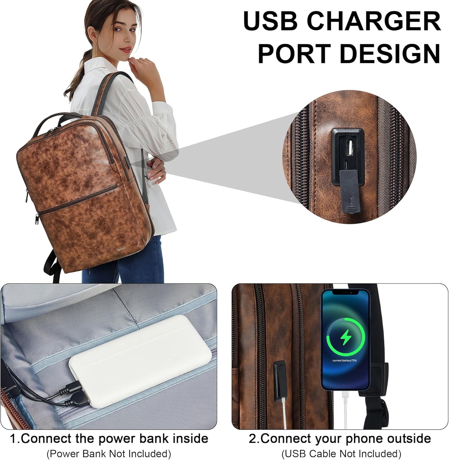 Vegan Leather Laptop Backpack for Women&Men,16 Inch Expandable Backpack with USB Charging Port,Two-toned Brown