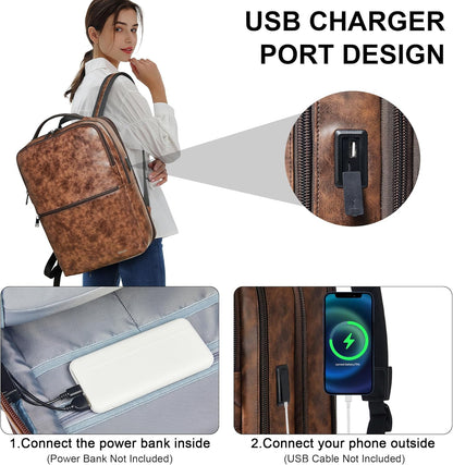 Vegan Leather Laptop Backpack for Women&Men,16 Inch Expandable Backpack with USB Charging Port,Two-toned Brown