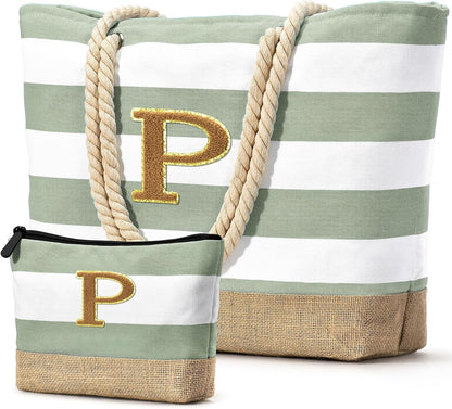 Becokan Beach Bag Initial Beach Tote with Makeup Bag for Travel Work Storage Personalized Birthday Gifts for Women Her