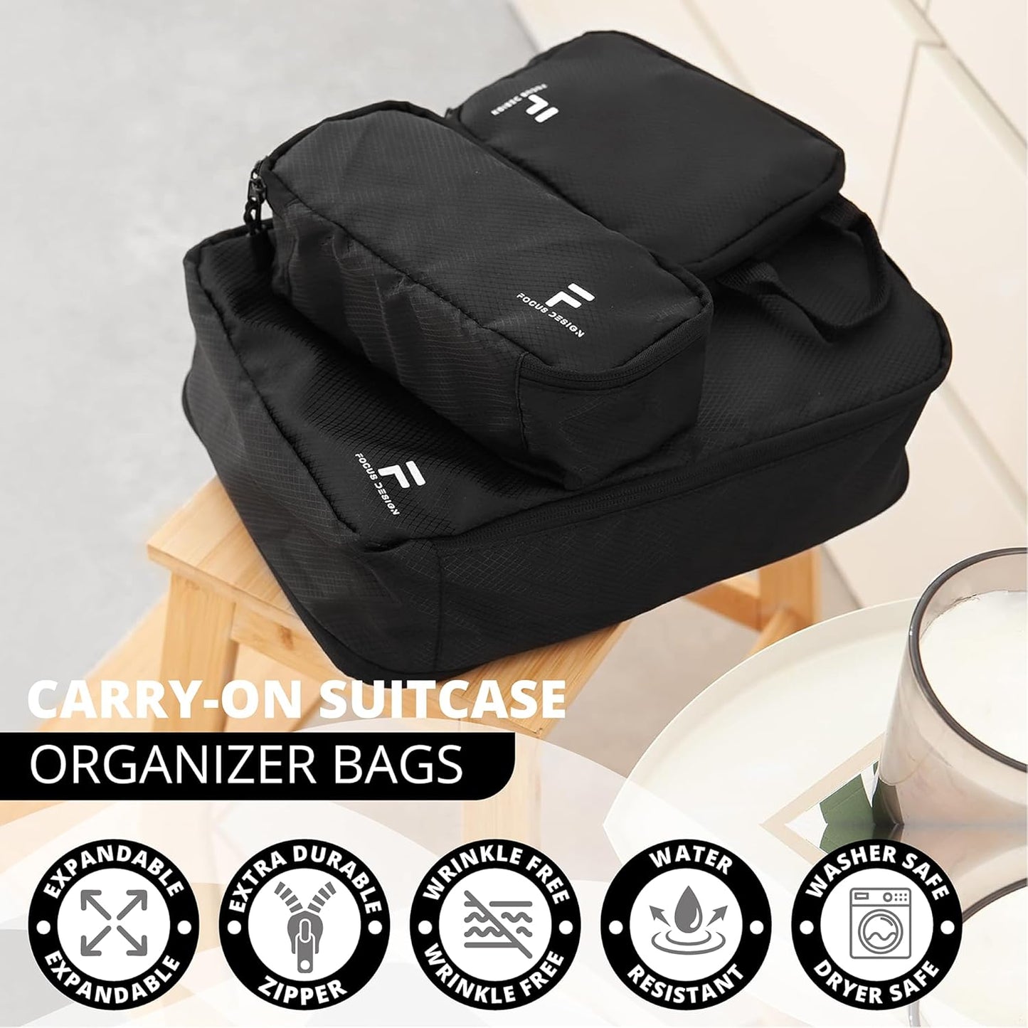 8 Piece Compression Packing Cubes Set - Double Capacity Design for Travel - Small, Medium & Large Sizes - Carry-On Suitcase Organizer Bags (Black)