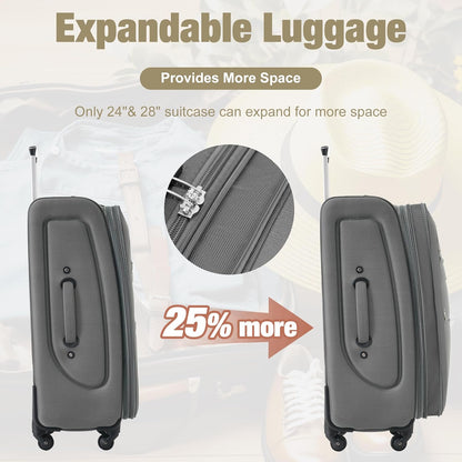 Merax Softside Luggage Set Softshell Lightweight 3 Piece Spinner Suitcase with Duffel Bag Expandable Upright Travel Luggage 22" 26" 30",Grey