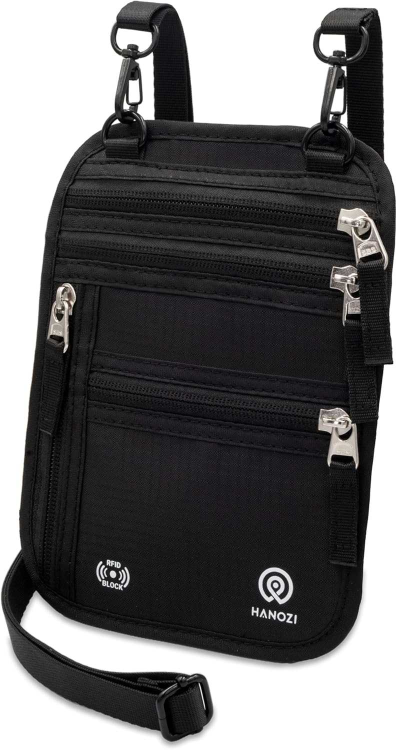 Neck Wallet – Travel Pouch and RFID Blocking Passport Holder for Women and Men, Easy to Conceal Passport Wallet, Slim Travel Wallet to Keep Your Cash, Passport, Cards and Documents Safe (Black)