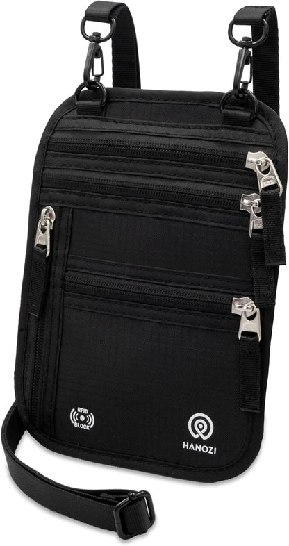 Neck Wallet – Travel Pouch and RFID Blocking Passport Holder for Women and Men, Easy to Conceal Passport Wallet, Slim Travel Wallet to Keep Your Cash, Passport, Cards and Documents Safe (Black)