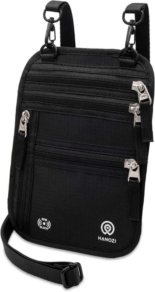 Neck Wallet – Travel Pouch and RFID Blocking Passport Holder for Women and Men, Easy to Conceal Passport Wallet, Slim Travel Wallet to Keep Your Cash, Passport, Cards and Documents Safe (Black)