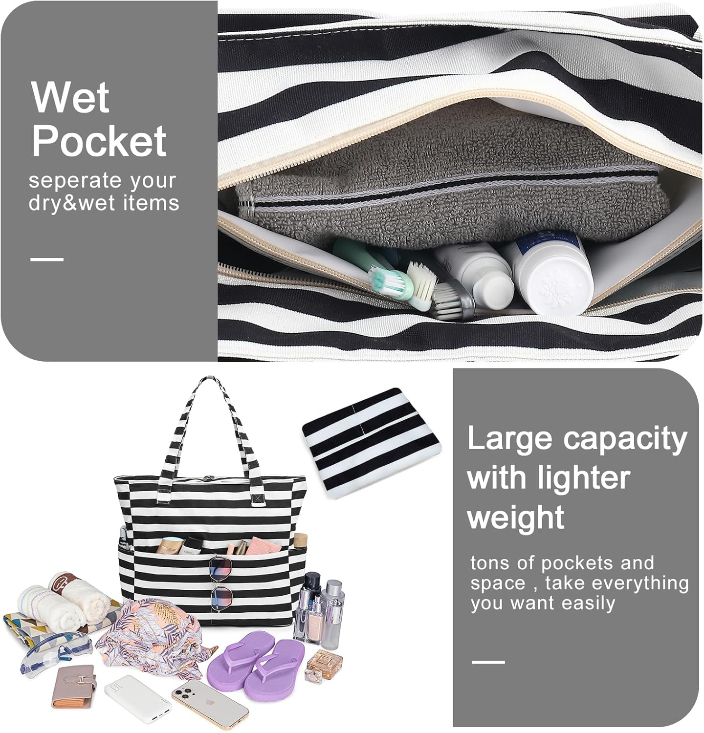 Beach Pool Bags Tote for Women Ladies Large Gym Tote Carry On Bag With Wet Compartment for Weekender Travel Waterproof