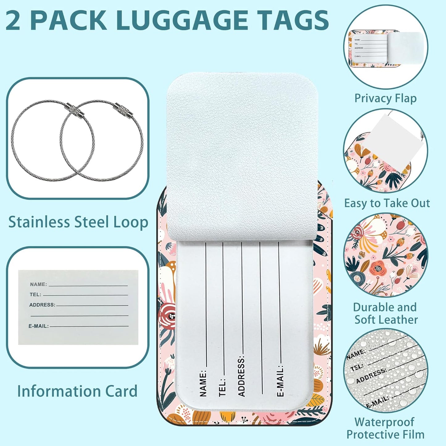 Orange Flowers Luggage Tag for Suitcase Set of 2 PU Leather Cute Luggage Tags with Stainless Metal Loop ID Label Privacy Flap Suitcase Tags for Women and Men Travel