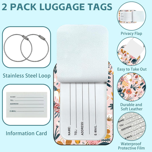 Orange Flowers Luggage Tag for Suitcase Set of 2 PU Leather Cute Luggage Tags with Stainless Metal Loop ID Label Privacy Flap Suitcase Tags for Women and Men Travel