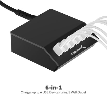 SABRENT Premium 60 Watt (12 Amp) 6 Port Aluminum Family Sized Desktop USB Rapid Charger.[UL Certified ] Smart USB Charger with Auto Detect Technology [Black] (AX-FLCH-B)