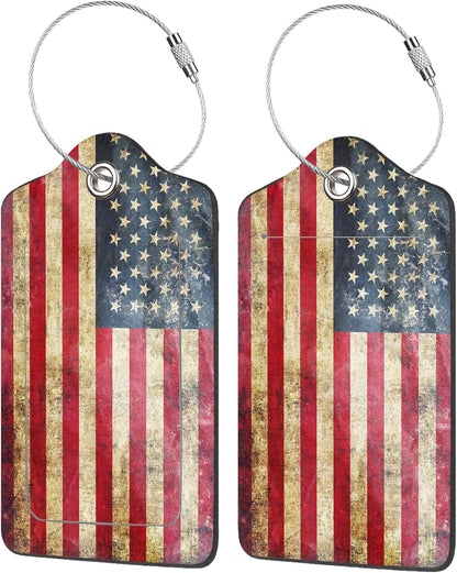 2 Pack Luggage Tag for Suitcase,Retro USA Flag PU Leather Suitcase Tags Identifiers with Privacy Name Address Labels and Durable Steel Loop for Women Men Travel