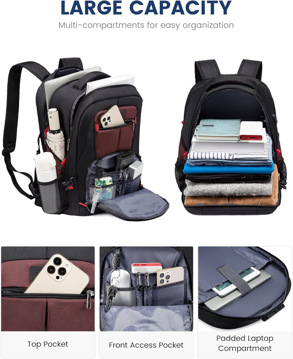 LOVEVOOK Travel Backpack for Men 17inch Large Work Backpack for Men Large Capacity Lockable Mochilas para Hombres Waterproof Computer Backpack for Work Business Travel College (17 inch,Black&Brown