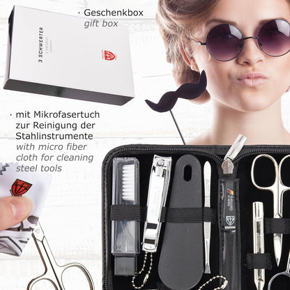 3 Swords Germany - brand quality 10 piece manicure pedicure grooming kit set for professional finger & toe nail care tweezers file clipper fashion leather case in gift box, Made by 3 Swords (02570 )