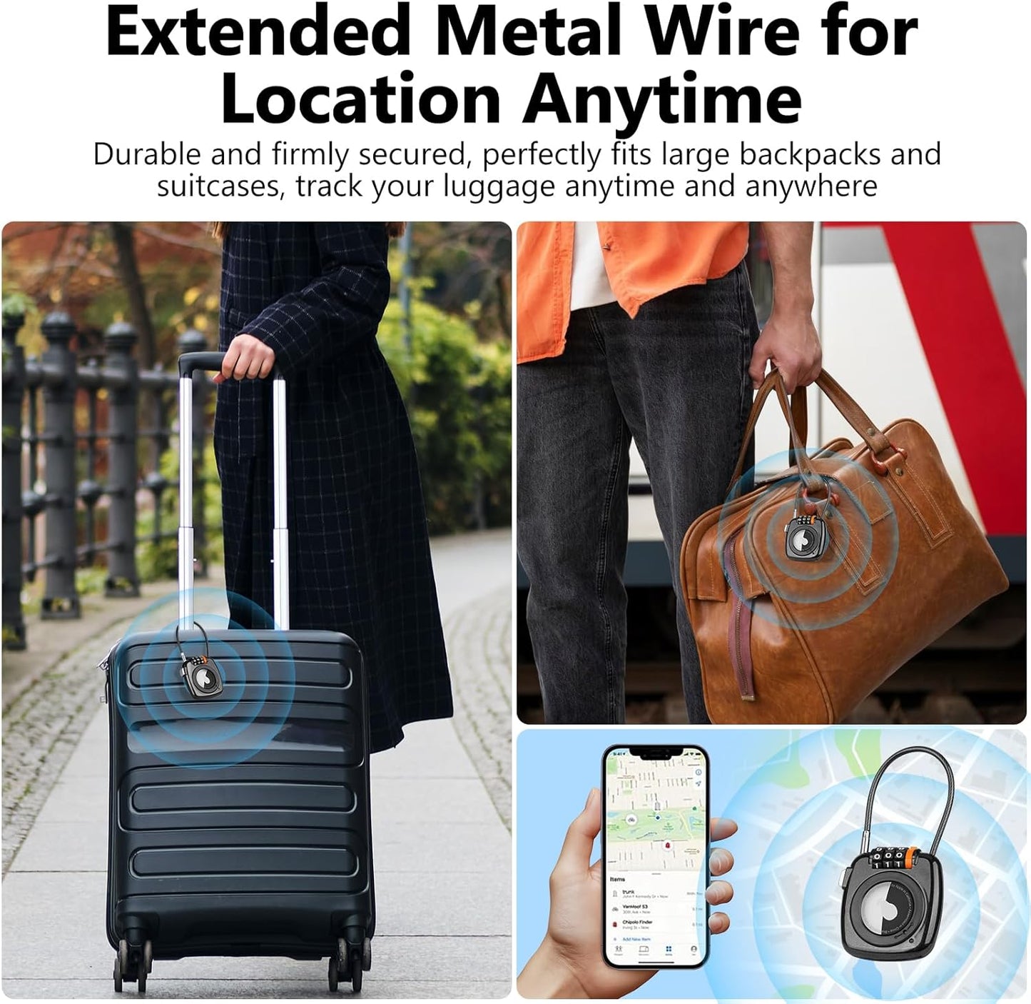 Compatible with Apple AirTag Secure Lock with Wire Cable, 3-Digit Combination Luggage Locks, Alloy Body Ultra Durable Anti-Lost Protective Case for Luggage, Bags, Suitcase, and Backpacks (BLACK)
