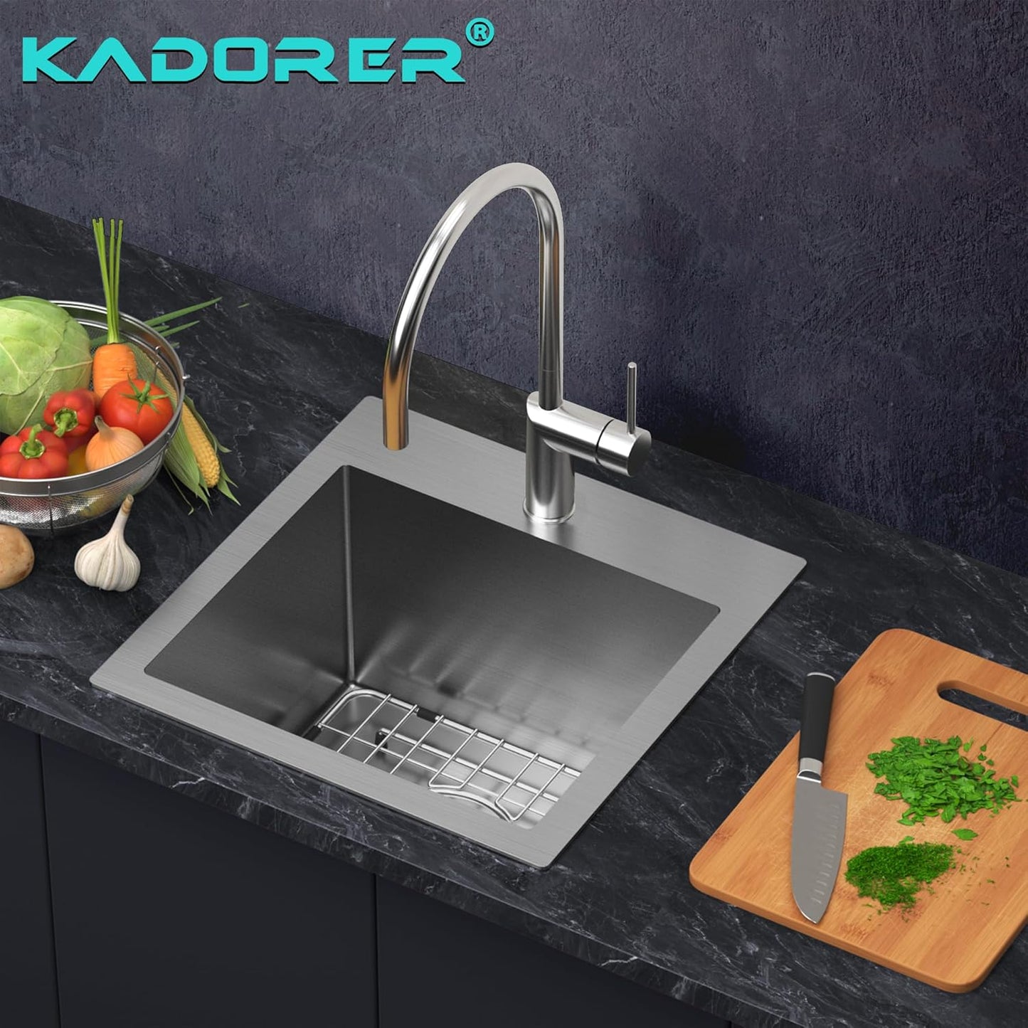 15 x 15 Inch Drop In Bar Sink, Small Kitchen Sink Single Bowl Topmount Bar Prep Sink 18 Gauge Stainless Steel Bar Sink with Grid and Basket Strainer