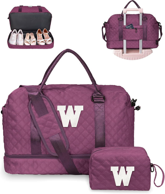 Birthday Gifts for 4 5 6 7 8 9 10 11 12 13 Year Old Girls-Initial Travel Bag with Shoe Compartment, Weekender Bag, Overnight Bag for Women, Letter Travel Bag with Makeup Bag (Letter W)