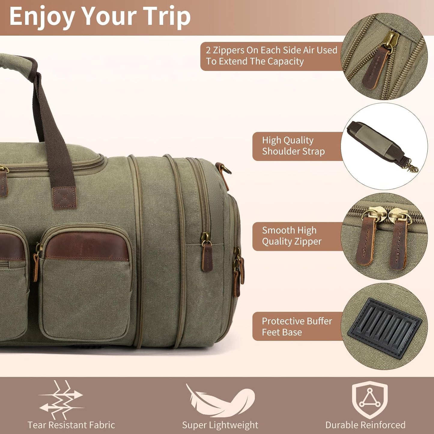 Mens Duffle Bag for Travel 60L Expandable Canvas Weekender Overnight Travel Duffel Bag with Shoe Compartment Carry-On for Airplanes Army Green