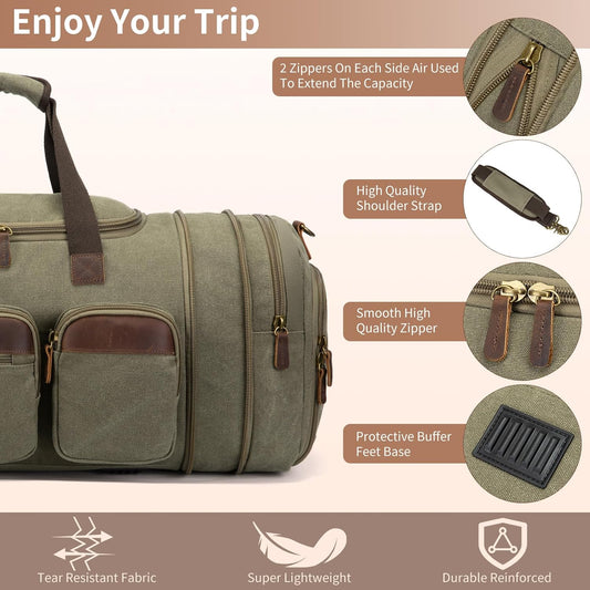 Mens Duffle Bag for Travel 60L Expandable Canvas Weekender Overnight Travel Duffel Bag with Shoe Compartment Carry-On for Airplanes Army Green