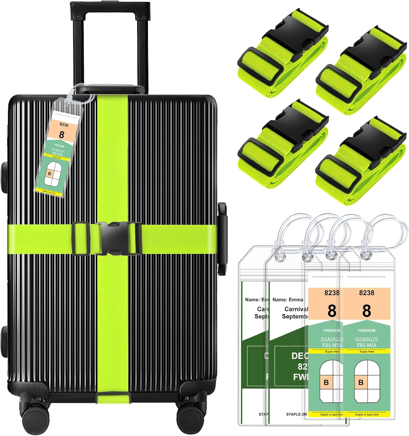 8 Pack Luggage Straps and Cruise Luggage Tags Set (4 Straps, 2 Wide, 2 Narrow Tags), Luggage Straps for Suitcases TSA Approved Suitcase Tags, Green