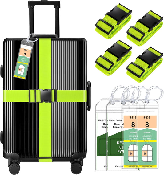 8 Pack Luggage Straps and Cruise Luggage Tags Set (4 Straps, 2 Wide, 2 Narrow Tags), Luggage Straps for Suitcases TSA Approved Suitcase Tags, Green