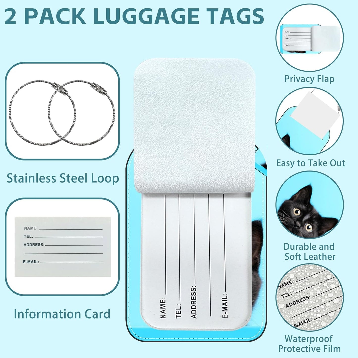 Black Cat Luggage Tag for Suitcase Set of 2 PU Leather Cute Luggage Tags with Stainless Metal Loop ID Label Privacy Flap Suitcase Tags for Women and Men Travel