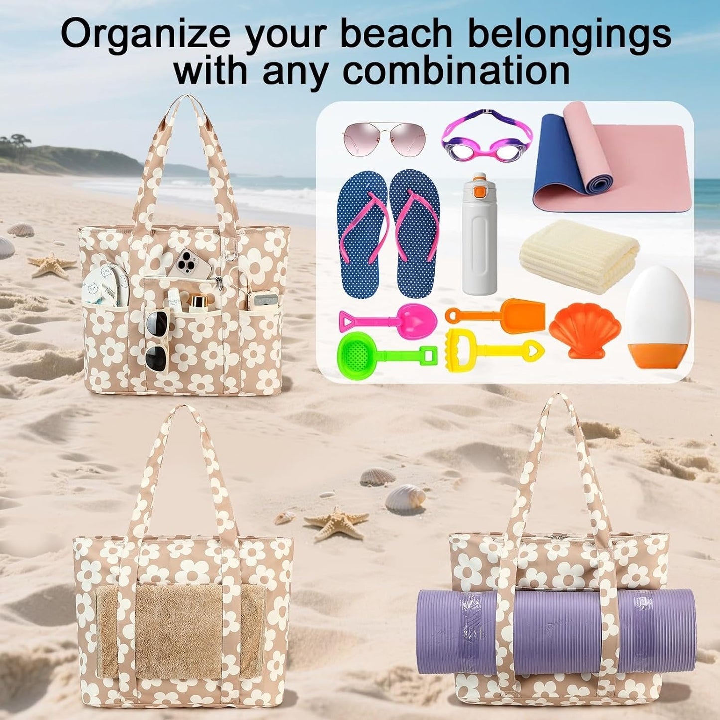 LEDAOU Beach Bags for Women, Beach Bags Waterproof Sandproof, Packable Beach Tote Bag with Zipper Travel Sports