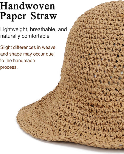 Womens Wide Brim Straw Sun Hat Foldable Floppy Crochet Beach Hat for Summer