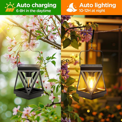 KOOPER 2 Pack Solar Lanterns Outdoor Waterproof, Upgraded Black Metal Hanging Solar Lights Outdoor Lanterns Decorative for Yard Patio Table Pathway Garden Decor
