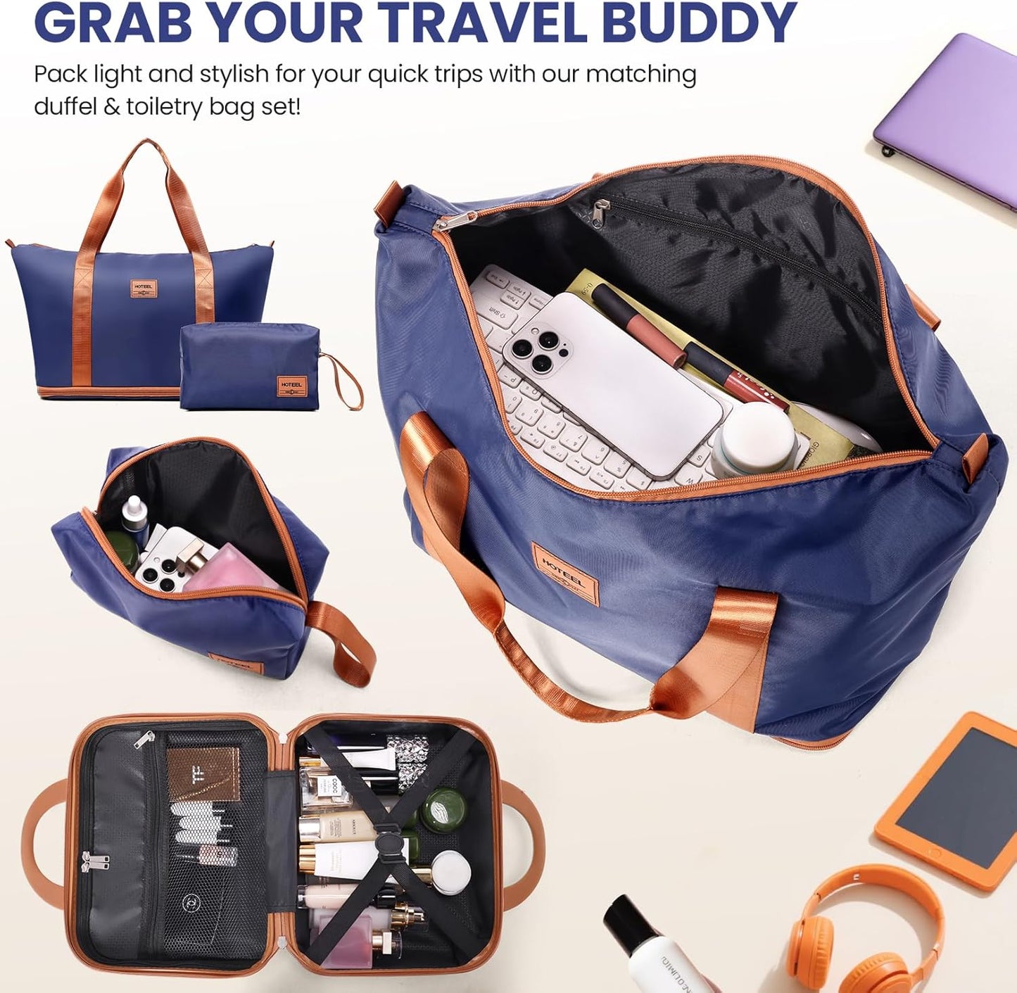 Hoteel 4 Piece Luggage Set (4-YEAR WARRANTY) Carry on ABS+PC Hard Shell Suitcase with Spinner Wheels & TSA Lock (Dark Blue)