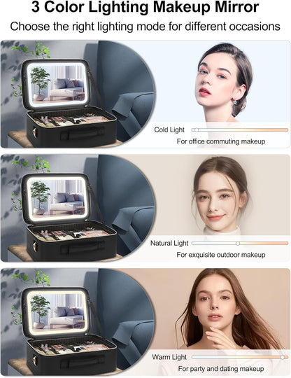 Chomeiu Makeup Bag with LED Mirror, Large Train Case for Makeup Artists, 16.2 inches Travel Professional Cosmetic Organizer with Light Up Mirror, 3 Color Lights, Brush Holder & Shoulder Strap (Black)