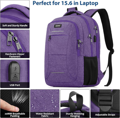 Backpack for Men Women, School Backpacks for Teen Boys, Business Anti Theft Sturdy Travel Laptop Backpack with USB Charging Port, Water Resistant 15.6 Inch Computer Bag Gift, Purple