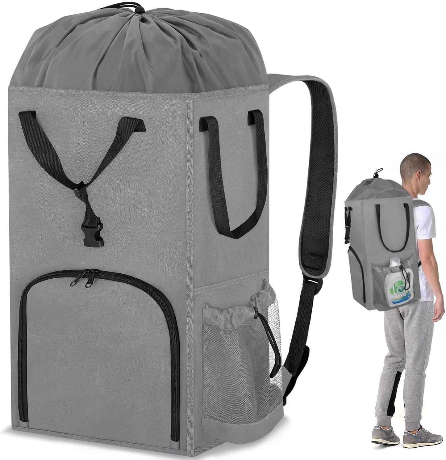 Laundry Bag Backpack Extra Large, 110L Laundry Backpack Heavy Duty with Shoulder Straps, Collapsible and Mesh Pocket Dorm Laundry Basket Hamper Bag for College, Travel, Laundromat, Apartment Grey